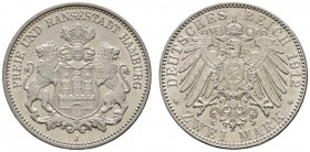 Deutsche Münzen und Medaillen ab 1871 
 Silbermünzen des Kaiserreiches 
 Hamburg 
 2 Mark 1912 J. J. 63. seltener Jahrgang, vorzüglich
