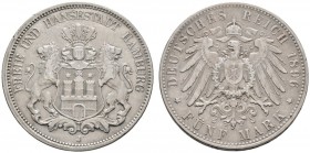 Deutsche Münzen und Medaillen ab 1871 
 Silbermünzen des Kaiserreiches 
 Hamburg 
 5 Mark 1896 J. J. 65. sehr seltener Jahrgang, kleiner Randfehler...