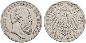 Deutsche Münzen und Medaillen ab 1871 
 Silbermünzen des Kaiserreiches 
 Hessen. Ludwig IV. 1877-1892 
 5 Mark 1891 A. J. 71. fast sehr schön