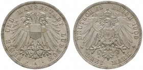 Deutsche Münzen und Medaillen ab 1871 
 Silbermünzen des Kaiserreiches 
 Lippe. Leopold IV. 1905-1918 
 3 Mark 1909 A. J. 82. minimaler Randfehler,...