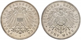 Deutsche Münzen und Medaillen ab 1871 
 Silbermünzen des Kaiserreiches 
 Lippe. Leopold IV. 1905-1918 
 5 Mark 1908 A. J. 83. Prachtexemplar, Polie...