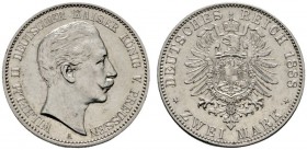 Deutsche Münzen und Medaillen ab 1871 
 Silbermünzen des Kaiserreiches 
 Preußen. Wilhelm II. 1888-1918 
 2 Mark 1888 A. J. 100. minimale Kratzer, ...