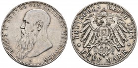 Deutsche Münzen und Medaillen ab 1871 
 Silbermünzen des Kaiserreiches 
 Sachsen-Meiningen. Georg II. 1866-1915 
 5 Mark 1908 D. Bart berührt Perlk...