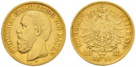 Deutsche Münzen und Medaillen ab 1871 
 Reichsgoldmünzen 
 Baden. Friedrich I. 1852-1907 
 10 Mark 1873 G. J. 183. gutes sehr schön