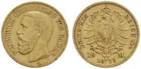 Deutsche Münzen und Medaillen ab 1871 
 Reichsgoldmünzen 
 Baden. Friedrich I. 1852-1907 
 10 Mark 1873 G. J. 183. winziger Randfehler, sehr schön...