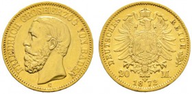 Deutsche Münzen und Medaillen ab 1871 
 Reichsgoldmünzen 
 Baden. Friedrich I. 1852-1907 
 20 Mark 1872 G. J. 184. kleiner Randfehler, fast vorzügl...