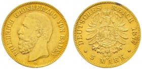 Deutsche Münzen und Medaillen ab 1871 
 Reichsgoldmünzen 
 Baden. Friedrich I. 1852-1907 
 5 Mark 1877 G. J. 185. sehr schön-vorzüglich