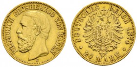 Deutsche Münzen und Medaillen ab 1871 
 Reichsgoldmünzen 
 Baden. Friedrich I. 1852-1907 
 20 Mark 1874 G. J. 187. winzige Randfehler, sehr schön...