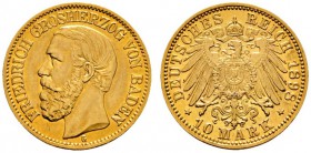 Deutsche Münzen und Medaillen ab 1871 
 Reichsgoldmünzen 
 Baden. Friedrich I. 1852-1907 
 10 Mark 1898 G. J. 188. minimale Kratzer, sehr schön-vor...