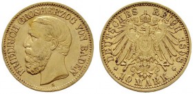 Deutsche Münzen und Medaillen ab 1871 
 Reichsgoldmünzen 
 Baden. Friedrich I. 1852-1907 
 10 Mark 1898 G. J. 188. minimal gebogen, sehr schön