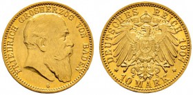 Deutsche Münzen und Medaillen ab 1871 
 Reichsgoldmünzen 
 Baden. Friedrich I. 1852-1907 
 10 Mark 1907 G. J. 190. fast vorzüglich