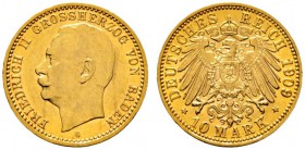 Deutsche Münzen und Medaillen ab 1871 
 Reichsgoldmünzen 
 Baden. Friedrich II. 1907-1918 
 10 Mark 1909 G. J. 191. vorzüglich/prägefrisch