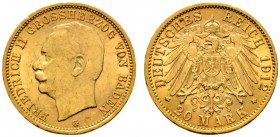 Deutsche Münzen und Medaillen ab 1871 
 Reichsgoldmünzen 
 Baden. Friedrich II. 1907-1918 
 20 Mark 1912 G. J. 192. sehr schön-vorzüglich/vorzüglic...