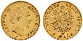 Deutsche Münzen und Medaillen ab 1871 
 Reichsgoldmünzen 
 Bayern. Ludwig II. 1864-1886 
 5 Mark 1877 D. J. 195. kleine Kratzer, sehr schön-vorzügl...