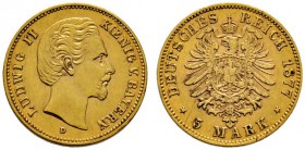 Deutsche Münzen und Medaillen ab 1871 
 Reichsgoldmünzen 
 Bayern. Ludwig II. 1864-1886 
 5 Mark 1877 D. J. 195. kleine Kratzer, gutes sehr schön...