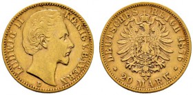 Deutsche Münzen und Medaillen ab 1871 
 Reichsgoldmünzen 
 Bayern. Ludwig II. 1864-1886 
 20 Mark 1876 D. J. 197. sehr schön