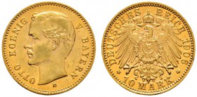 Deutsche Münzen und Medaillen ab 1871 
 Reichsgoldmünzen 
 Bayern. Otto 1886-1913 
 10 Mark 1906 D. J. 201. aus polierten Stempeln, vorzüglich/präg...