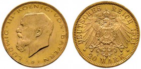 Deutsche Münzen und Medaillen ab 1871 
 Reichsgoldmünzen 
 Bayern. Ludwig III. 1913-1918 
 20 Mark 1914 D. J. 202. sehr selten, vorzüglich-Stempelg...