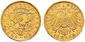 Deutsche Münzen und Medaillen ab 1871 
 Reichsgoldmünzen 
 Bremen 
 10 Mark 1907 J. J. 204. aus polierten Stempeln, vorzüglich-prägefrisch