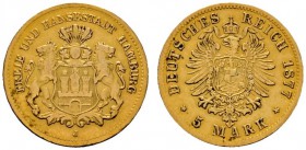 Deutsche Münzen und Medaillen ab 1871 
 Reichsgoldmünzen 
 Hamburg 
 5 Mark 1877 J. J. 208. sehr schön