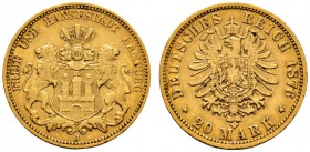 Deutsche Münzen und Medaillen ab 1871 
 Reichsgoldmünzen 
 Hamburg 
 20 Mark 1876 J. J. 210. minimale Randfehler, sehr schön