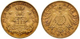 Deutsche Münzen und Medaillen ab 1871 
 Reichsgoldmünzen 
 Hamburg 
 10 Mark 1903 J. J. 211. gutes sehr schön