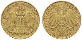Deutsche Münzen und Medaillen ab 1871 
 Reichsgoldmünzen 
 Hamburg 
 10 Mark 1903 J. J. 211. Rand minimal bearbeitet, sehr schön-vorzüglich
