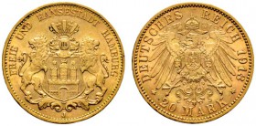 Deutsche Münzen und Medaillen ab 1871 
 Reichsgoldmünzen 
 Hamburg 
 20 Mark 1913 J. J. 212. vorzüglich