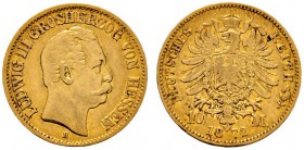 Deutsche Münzen und Medaillen ab 1871 
 Reichsgoldmünzen 
 Hessen. Ludwig III. 1848-1877 
 10 Mark 1872 H. J. 213. sehr schön