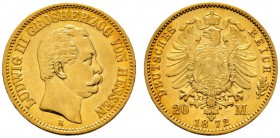 Deutsche Münzen und Medaillen ab 1871 
 Reichsgoldmünzen 
 Hessen. Ludwig III. 1848-1877 
 20 Mark 1872 H. J. 214. fast vorzüglich