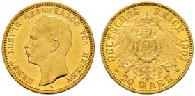 Deutsche Münzen und Medaillen ab 1871 
 Reichsgoldmünzen 
 Hessen. Ernst Ludwig 1892-1918 
 20 Mark 1901 A. J. 225. kleine Kratzer, fast vorzüglich...