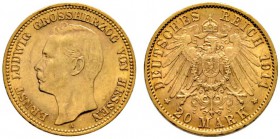 Deutsche Münzen und Medaillen ab 1871 
 Reichsgoldmünzen 
 Hessen. Ernst Ludwig 1892-1918 
 20 Mark 1911 A. J. 226. sehr schön-vorzüglich