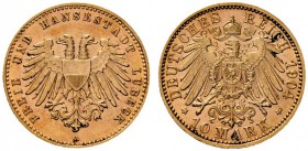 Deutsche Münzen und Medaillen ab 1871 
 Reichsgoldmünzen 
 Lübeck 
 10 Mark 1904 A. J. 227. selten, vorzüglich