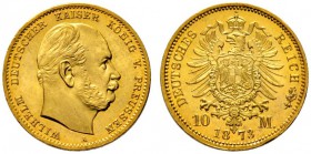 Deutsche Münzen und Medaillen ab 1871 
 Reichsgoldmünzen 
 Preußen. Wilhelm I. 1861-1888 
 10 Mark 1873 A. J. 242. Prachtexemplar, Stempelglanz