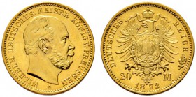 Deutsche Münzen und Medaillen ab 1871 
 Reichsgoldmünzen 
 Preußen. Wilhelm I. 1861-1888 
 20 Mark 1872 A. J. 243. selten in dieser Erhaltung, winz...