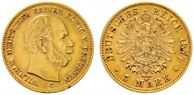 Deutsche Münzen und Medaillen ab 1871 
 Reichsgoldmünzen 
 Preußen. Wilhelm I. 1861-1888 
 5 Mark 1877 C. J. 244. sehr schön-vorzüglich/vorzüglich...