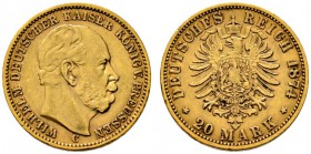 Deutsche Münzen und Medaillen ab 1871 
 Reichsgoldmünzen 
 Preußen. Wilhelm I. 1861-1888 
 20 Mark 1874 C. J. 246. sehr schön