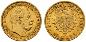 Deutsche Münzen und Medaillen ab 1871 
 Reichsgoldmünzen 
 Preußen. Wilhelm I. 1861-1888 
 20 Mark 1883 A. J. 246. kleine Kratzer auf dem Avers, se...