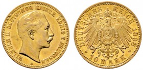 Deutsche Münzen und Medaillen ab 1871 
 Reichsgoldmünzen 
 Preußen. Wilhelm II. 1888-1918 
 10 Mark 1898 A. J. 251. Prachtexemplar, winzige Kratzer...