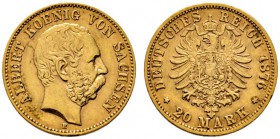Deutsche Münzen und Medaillen ab 1871 
 Reichsgoldmünzen 
 Sachsen. Johann 1854-1873 
 20 Mark 1876 E. J. 262. gutes sehr schön