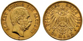 Deutsche Münzen und Medaillen ab 1871 
 Reichsgoldmünzen 
 Sachsen. Johann 1854-1873 
 20 Mark 1894 E. J. 264. kleiner Randfehler, sehr schön-vorzü...