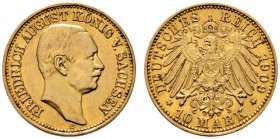 Deutsche Münzen und Medaillen ab 1871 
 Reichsgoldmünzen 
 Sachsen. Friedrich August III. 1904-1918 
 10 Mark 1909 E. J. 267. sehr schön-vorzüglich...
