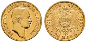 Deutsche Münzen und Medaillen ab 1871 
 Reichsgoldmünzen 
 Sachsen. Friedrich August III. 1904-1918 
 20 Mark 1905 E. J. 268. leichte Kratzer, sehr...