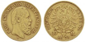 Deutsche Münzen und Medaillen ab 1871 
 Reichsgoldmünzen 
 Württemberg. Karl 1864-1891 
 10 Mark 1873 F. J. 289. winziger Randfehler, sehr schön...