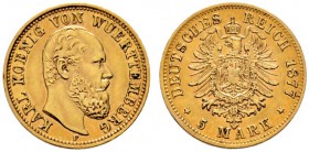 Deutsche Münzen und Medaillen ab 1871 
 Reichsgoldmünzen 
 Württemberg. Karl 1864-1891 
 5 Mark 1877 F. J. 291. vorzüglich