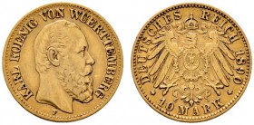 Deutsche Münzen und Medaillen ab 1871 
 Reichsgoldmünzen 
 Württemberg. Karl 1864-1891 
 10 Mark 1890 F. J. 294. sehr schön