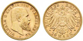 Deutsche Münzen und Medaillen ab 1871 
 Reichsgoldmünzen 
 Württemberg. Wilhelm II. 1891-1918 
 10 Mark 1904 F. J. 295. sehr schön-vorzüglich