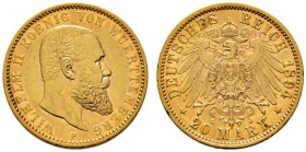 Deutsche Münzen und Medaillen ab 1871 
 Reichsgoldmünzen 
 Württemberg. Wilhelm II. 1891-1918 
 20 Mark 1894 F. J. 296. kleine Kratzer, vorzüglich...
