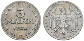 Deutsche Münzen und Medaillen ab 1871 
 Weimarer Republik 
 3 Mark 1922 D. Aluminium. J. 303. sehr selten, fast Stempelglanz