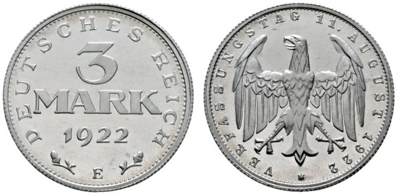 Deutsche Münzen und Medaillen ab 1871 
 Weimarer Republik 
 3 Mark 1922 E. Alu...
